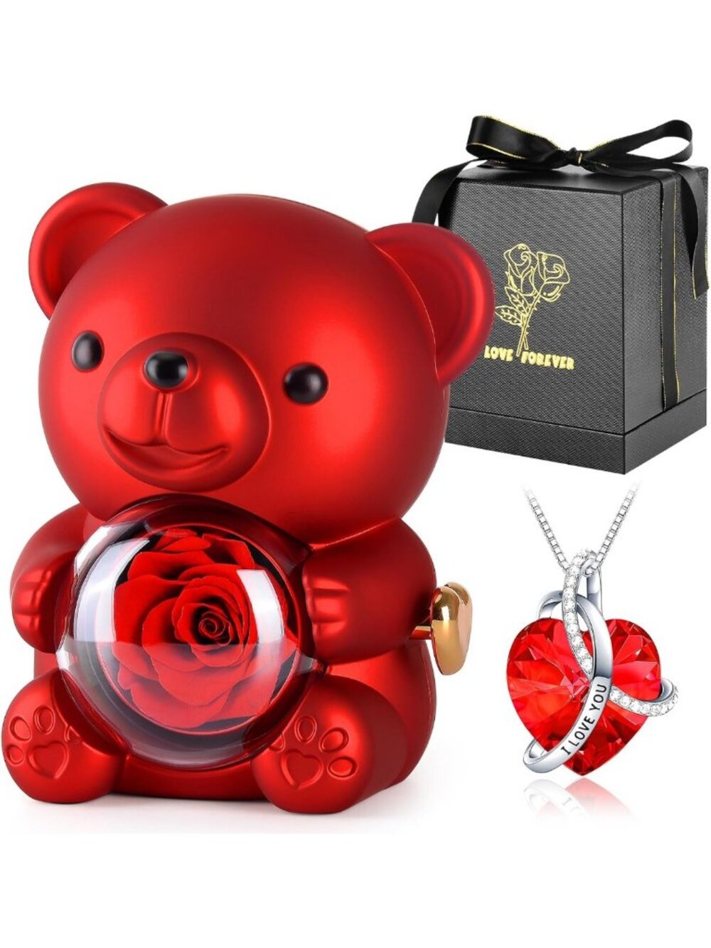 Adorable Teddy Bear with Preserved Rose & Rotating Flower Box - Romantic Gift